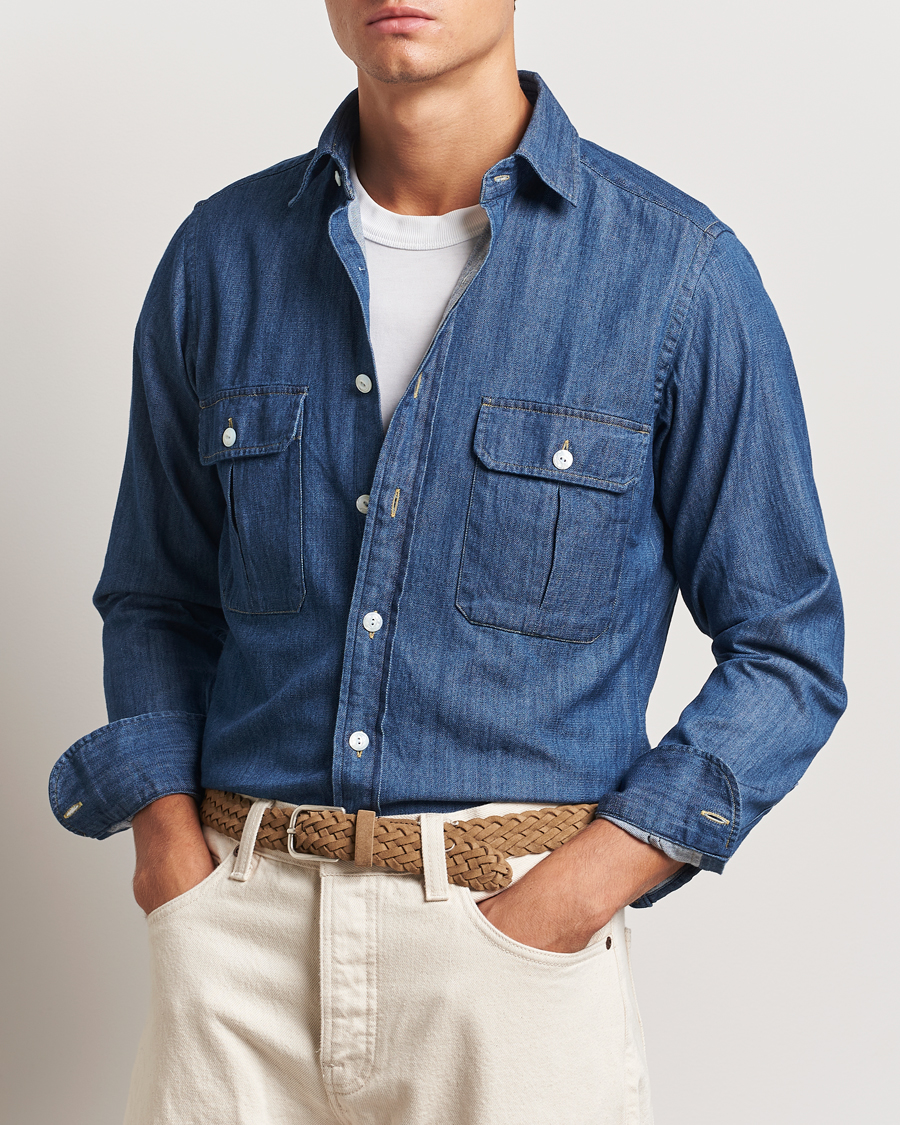 Men | Shirts | Drake's | Denim Cotton Two Pocket Work Shirt Blue