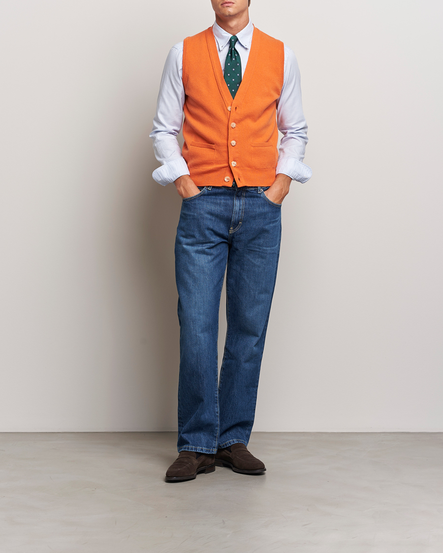 Men | Sweaters & Knitwear | Drake's | Lambswool Vest Cardigan Orange