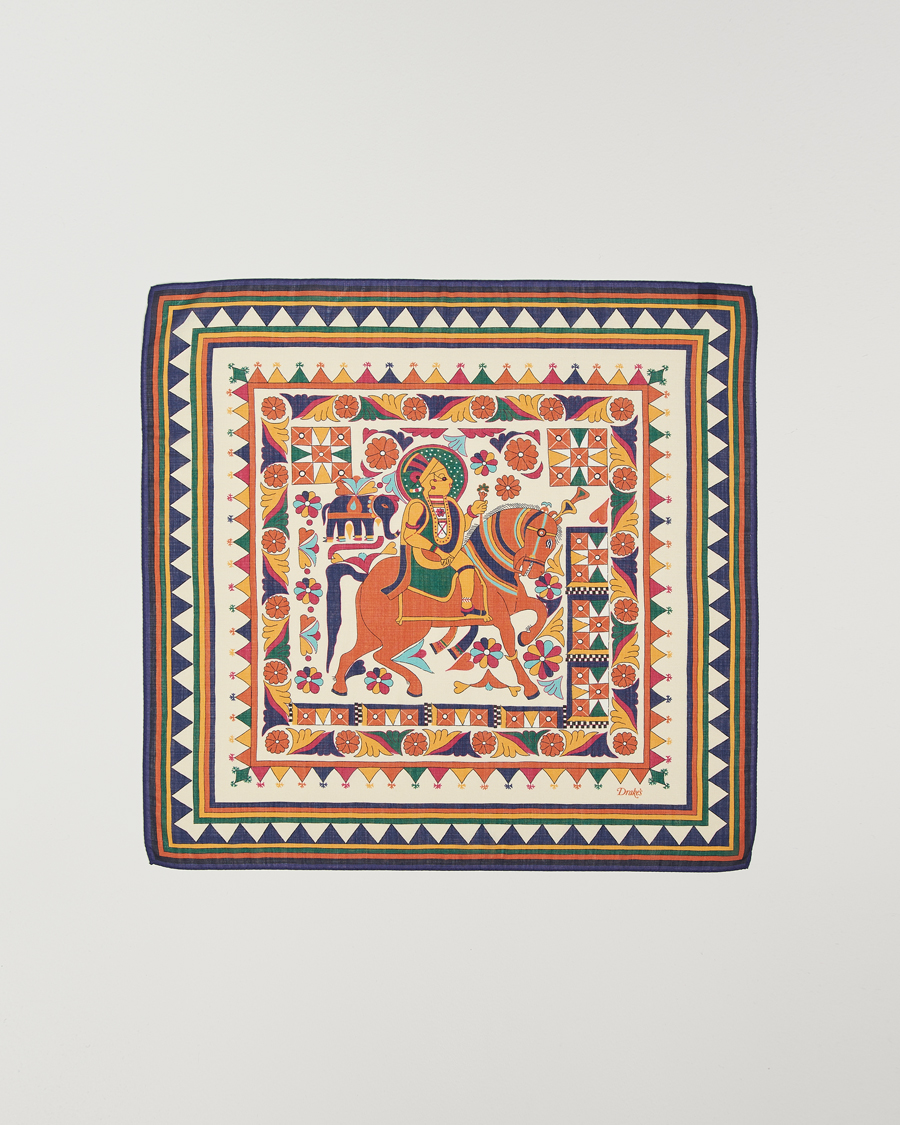 Men | Drake's Maharaja Print Wool/Silk Bandana Navy/Yellow | Drake's | Maharaja Print Wool/Silk Bandana Navy/Yellow