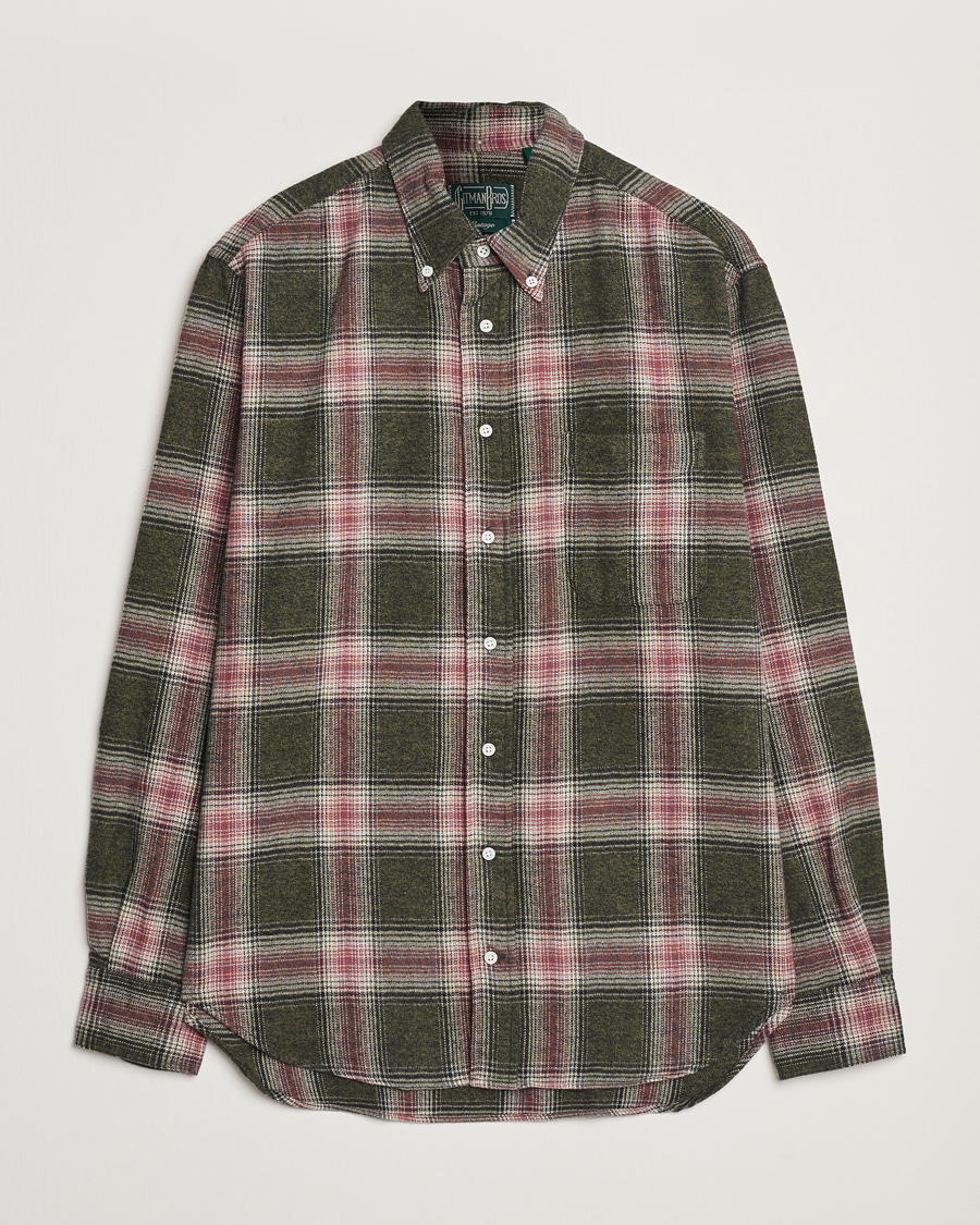 Men | Shirts | Gitman Vintage | Button Down Brushed Flannel Shirt Olive Check