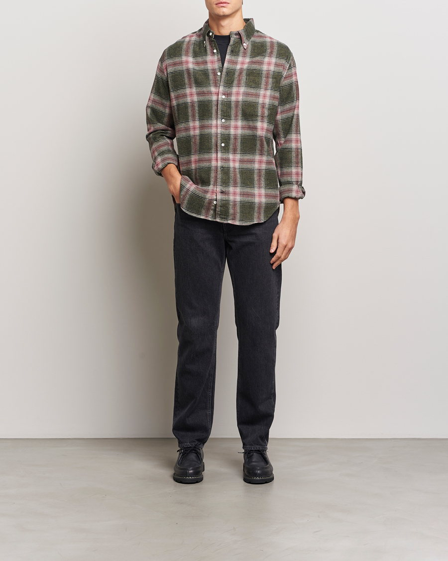 Men | Shirts | Gitman Vintage | Button Down Brushed Flannel Shirt Olive Check
