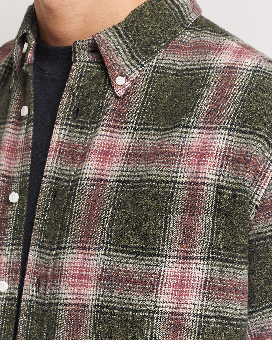 Men | Shirts | Gitman Vintage | Button Down Brushed Flannel Shirt Olive Check