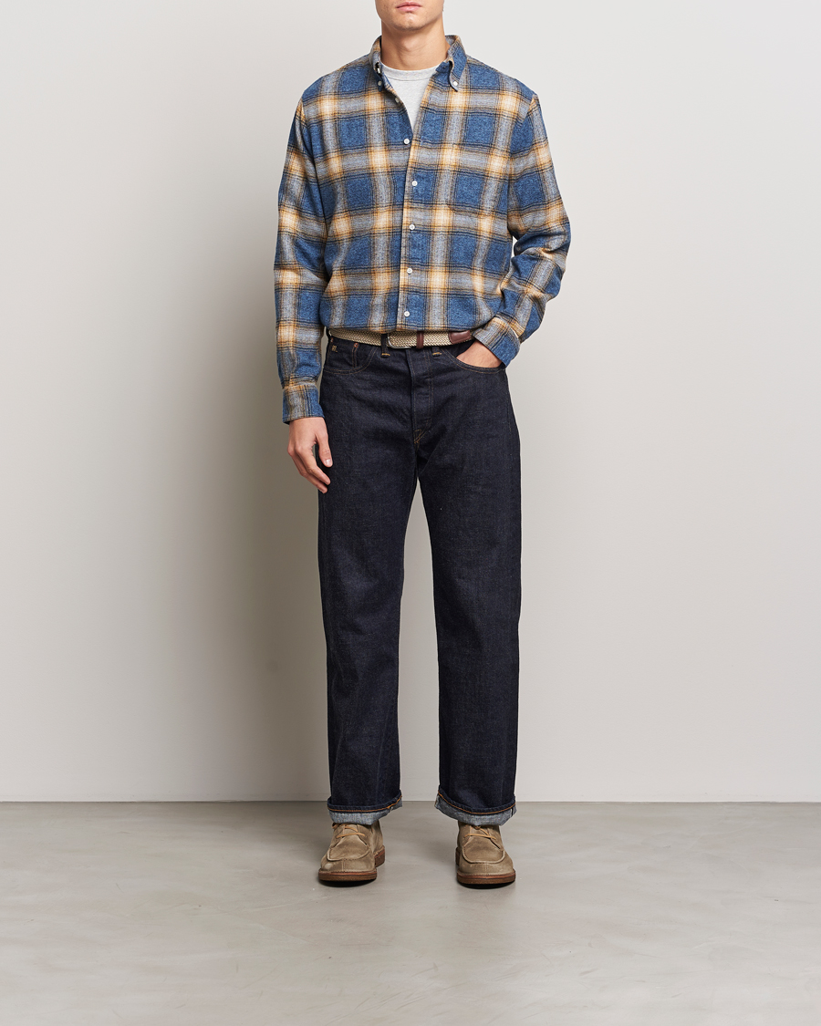 Men | Shirts | Gitman Vintage | Button Down Brushed Flannel Shirt Blue Check