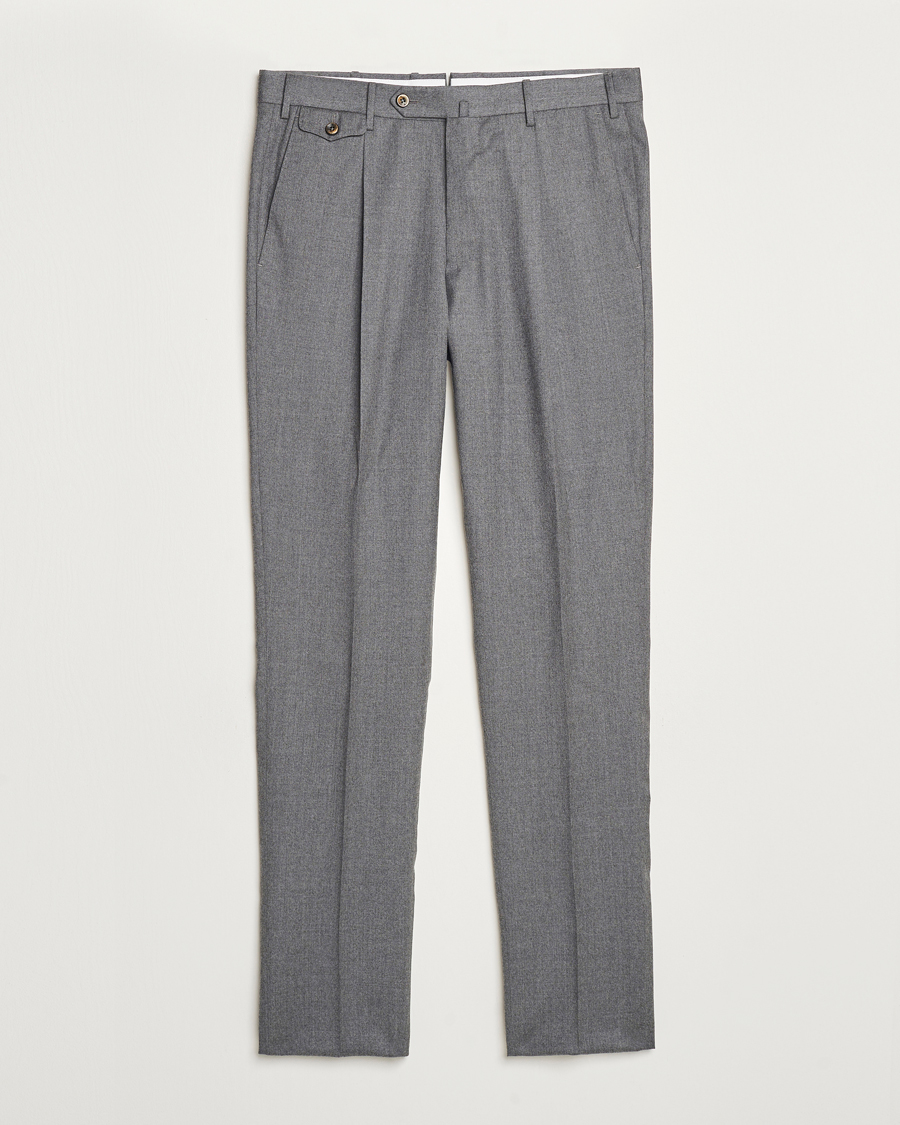 Men | Trousers | PT01 | Slim Fit Pleated Flannel Trousers Grey Melange