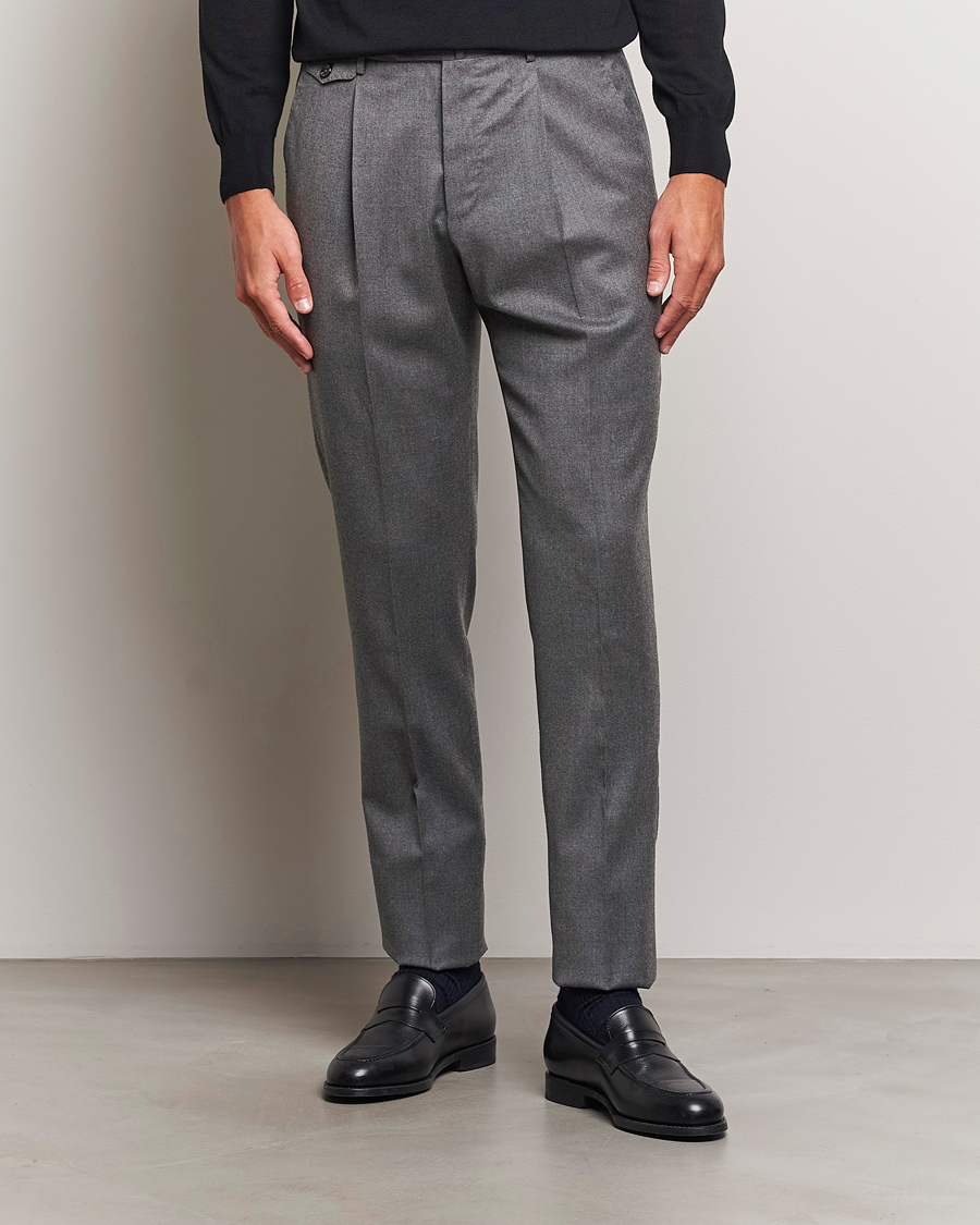 Men | Trousers | PT01 | Slim Fit Pleated Flannel Trousers Grey Melange