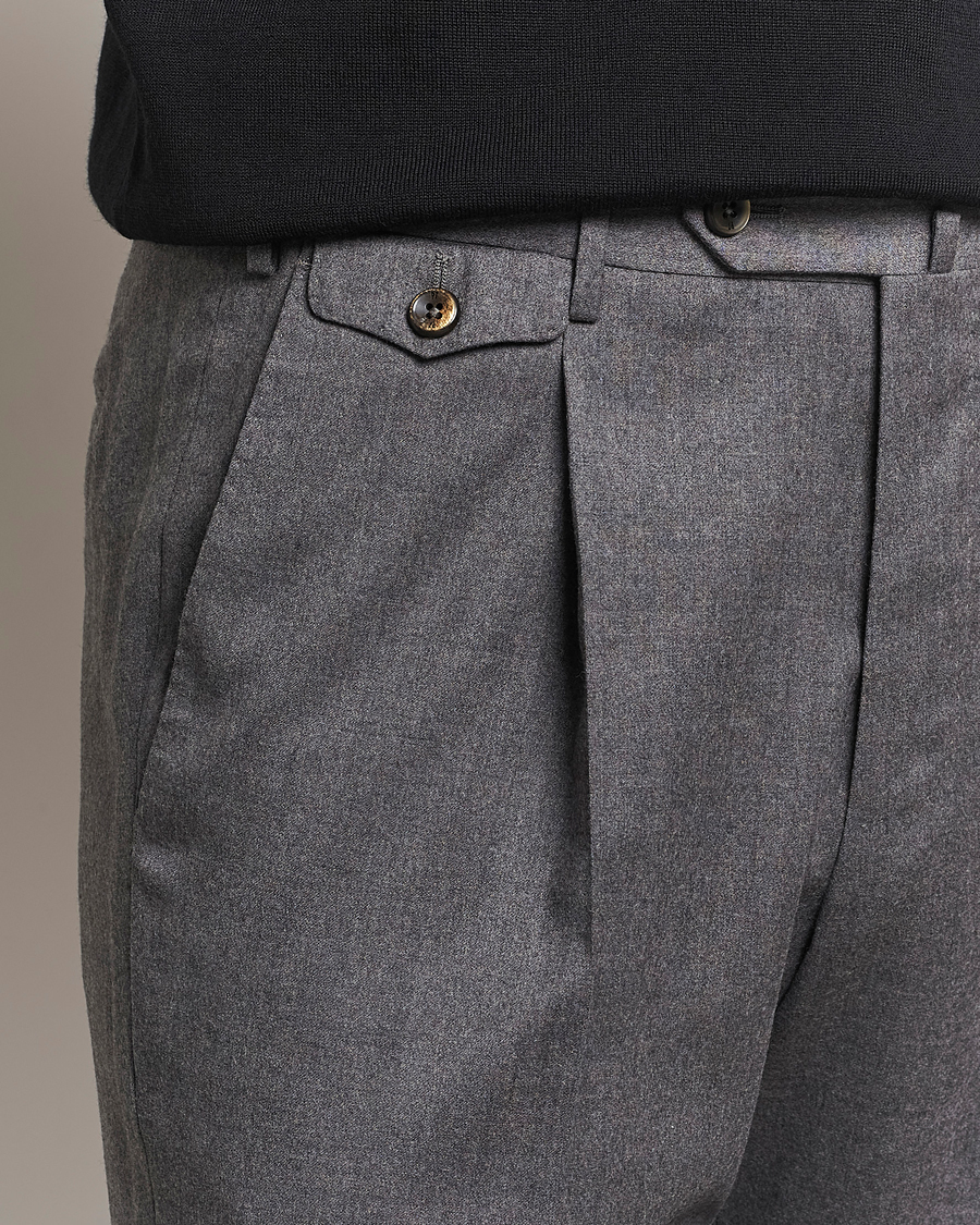 Men | Trousers | PT01 | Slim Fit Pleated Flannel Trousers Grey Melange