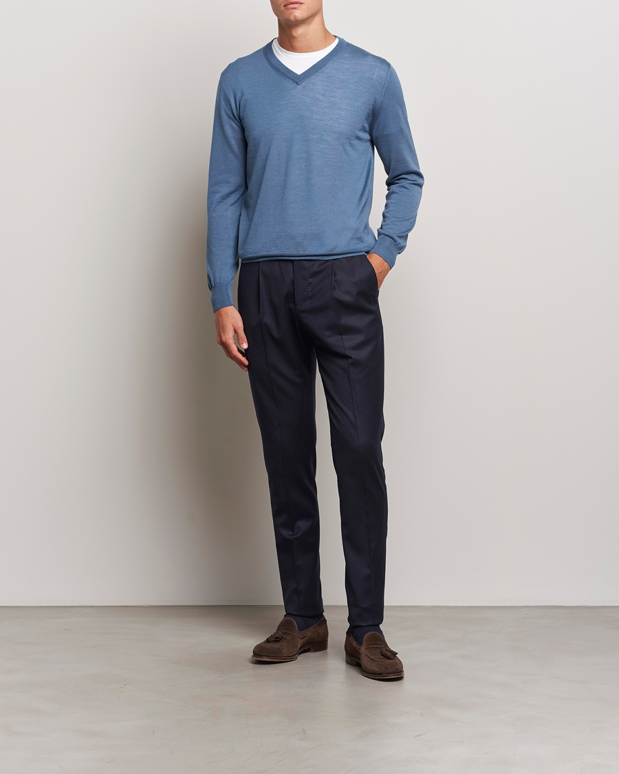 Men | Trousers | PT01 | Slim Fit Pleated Flannel Trousers Navy
