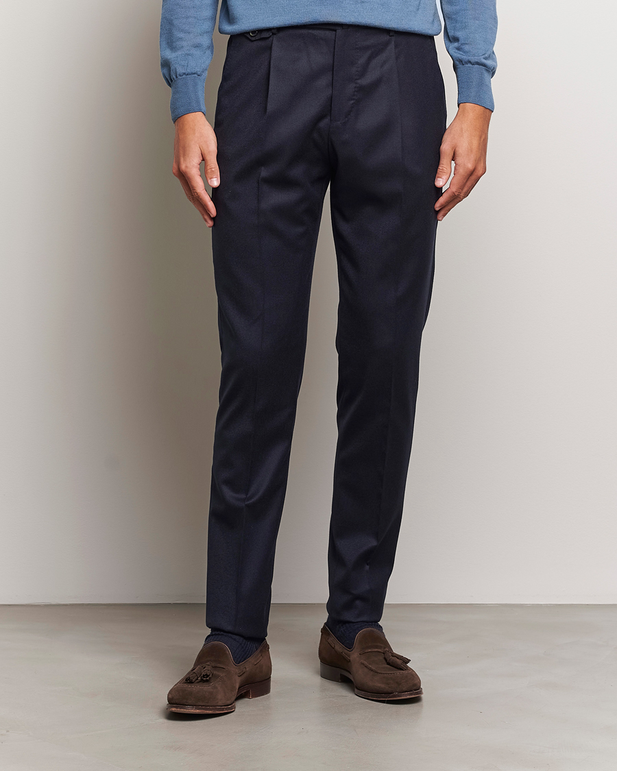 Men | Trousers | PT01 | Slim Fit Pleated Flannel Trousers Navy