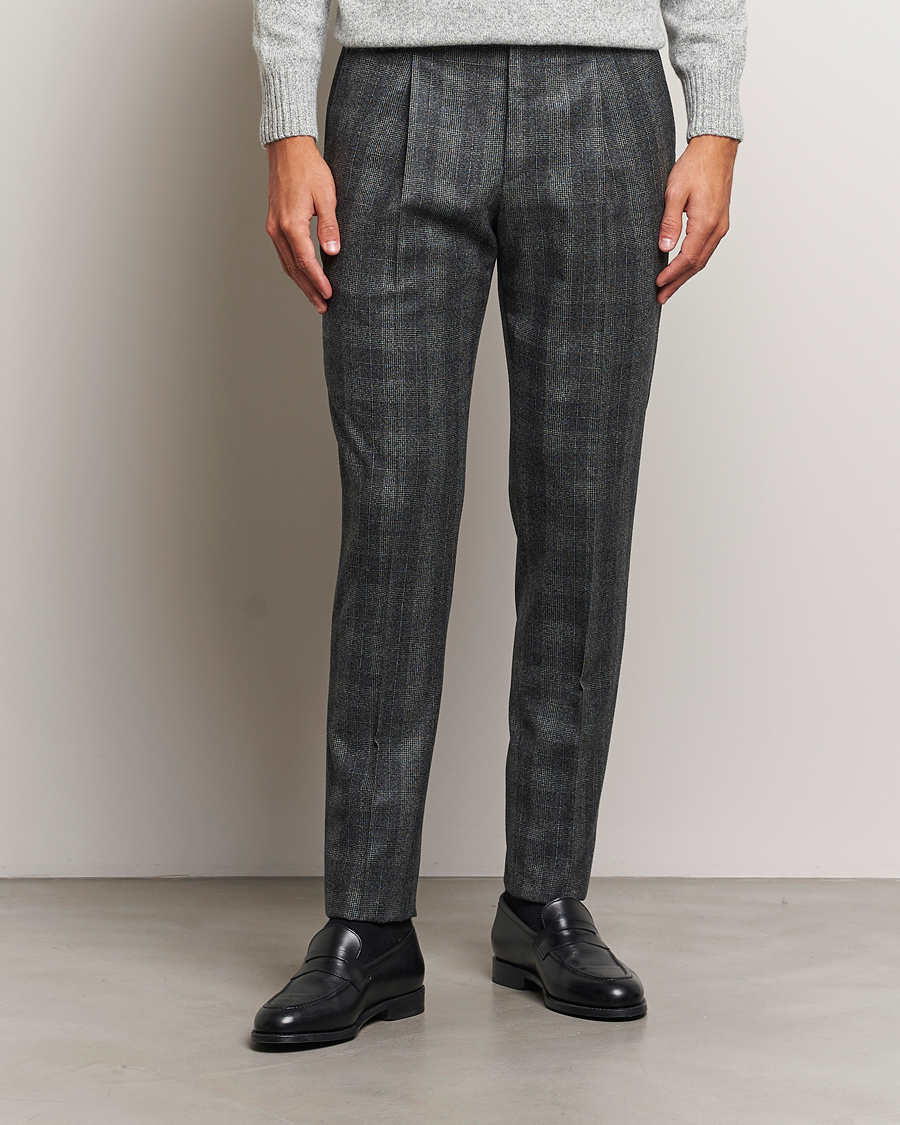 Men | Trousers | PT01 | Slim Fit Pleated Checked Flannel Trousers Grey