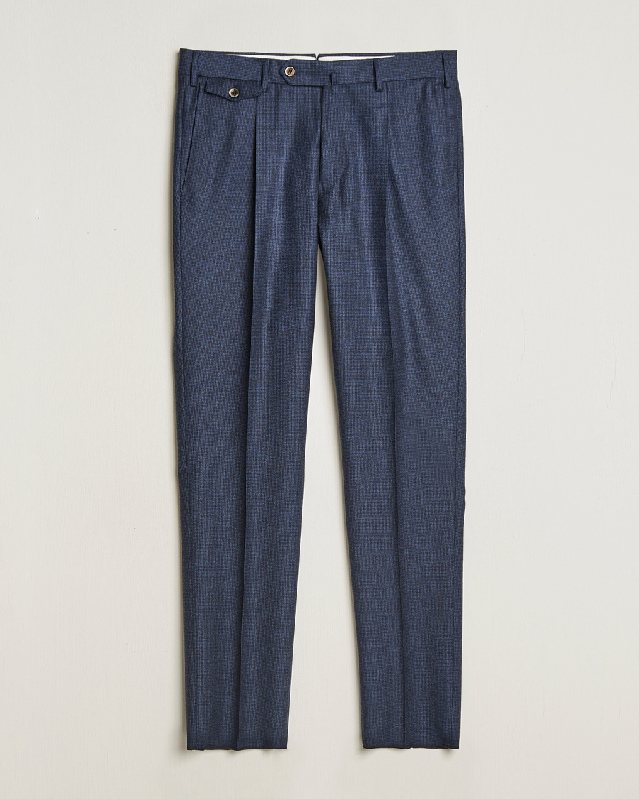 Men | Trousers | PT01 | Slim Fit Pleated Houndstooth Flannel Trousers Navy