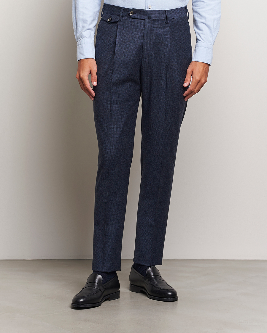 Men | Trousers | PT01 | Slim Fit Pleated Houndstooth Flannel Trousers Navy