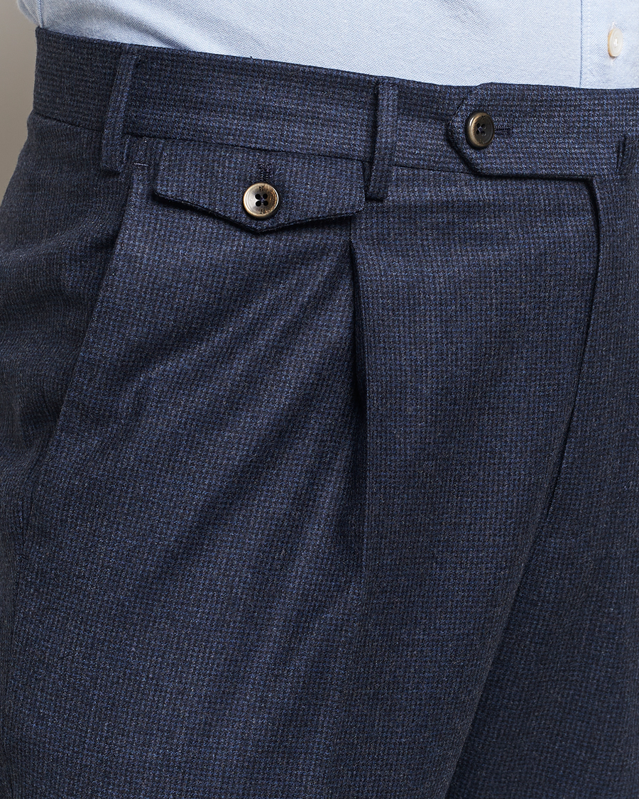 Men | Trousers | PT01 | Slim Fit Pleated Houndstooth Flannel Trousers Navy