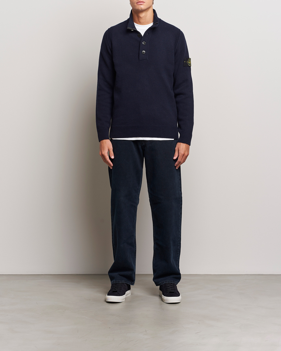 Men | Sweaters & Knitwear | Stone Island | Knitted Lambswool Half Button Zip Navy Blue