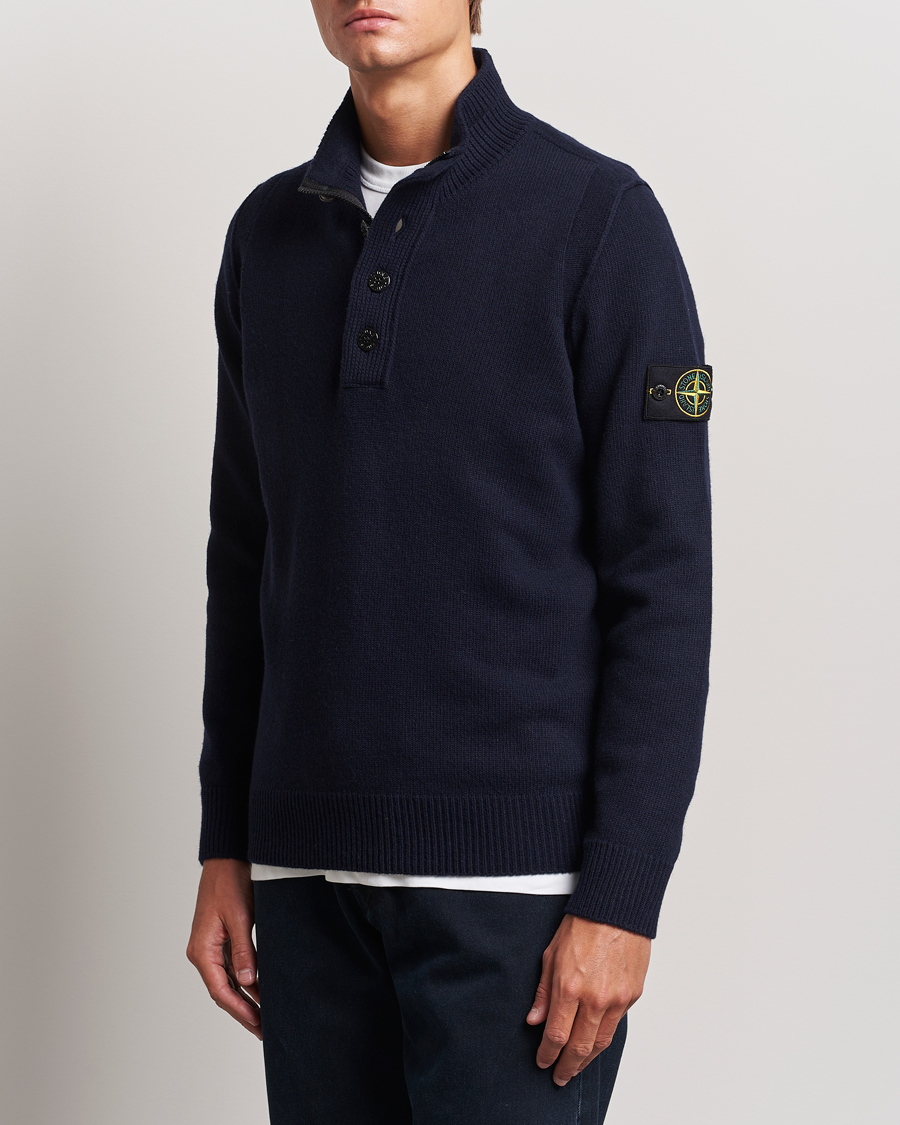 Men | Sweaters & Knitwear | Stone Island | Knitted Lambswool Half Button Zip Navy Blue