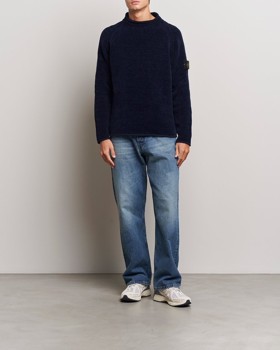 Men | Sweaters & Knitwear | Stone Island | Cotton Chenille Mock Neck Navy Blue