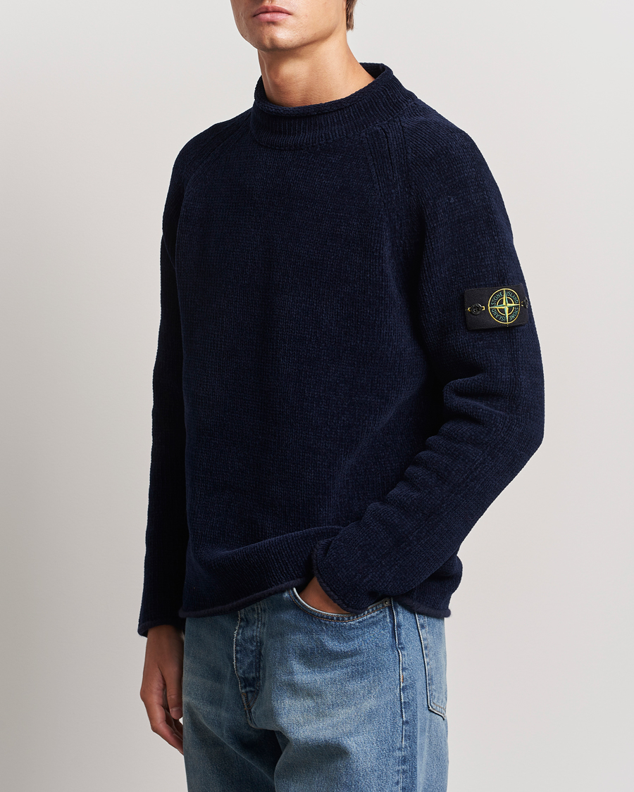Men | Sweaters & Knitwear | Stone Island | Cotton Chenille Mock Neck Navy Blue