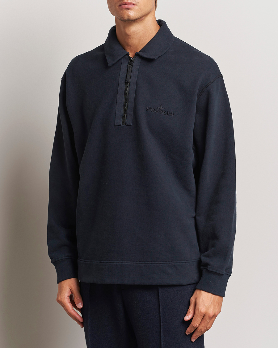 Men | Sweaters & Knitwear | Stone Island | Garment Dyed Fleece Zip Polo Navy Blue