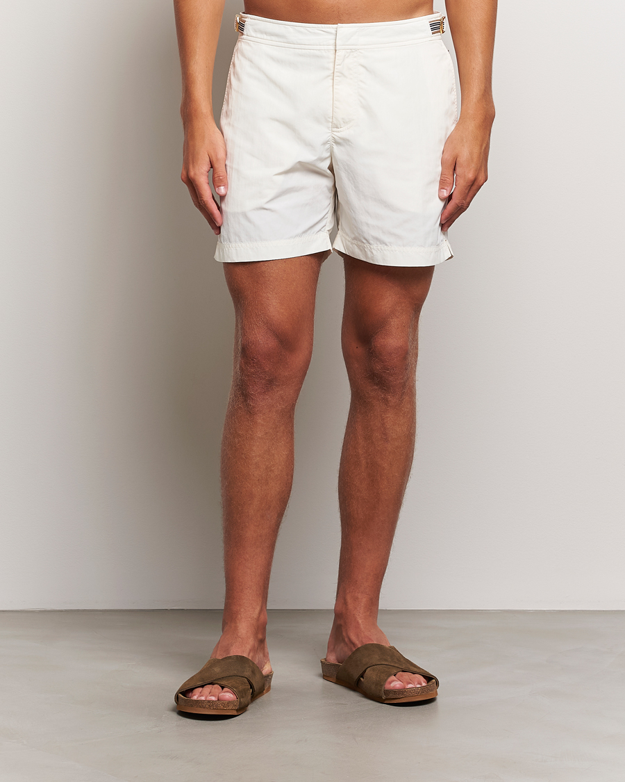 Men | Orlebar Brown Bulldog Ribbon Tape Trim Swimshorts White Sand | Orlebar Brown | Bulldog Ribbon Tape Trim Swimshorts White Sand