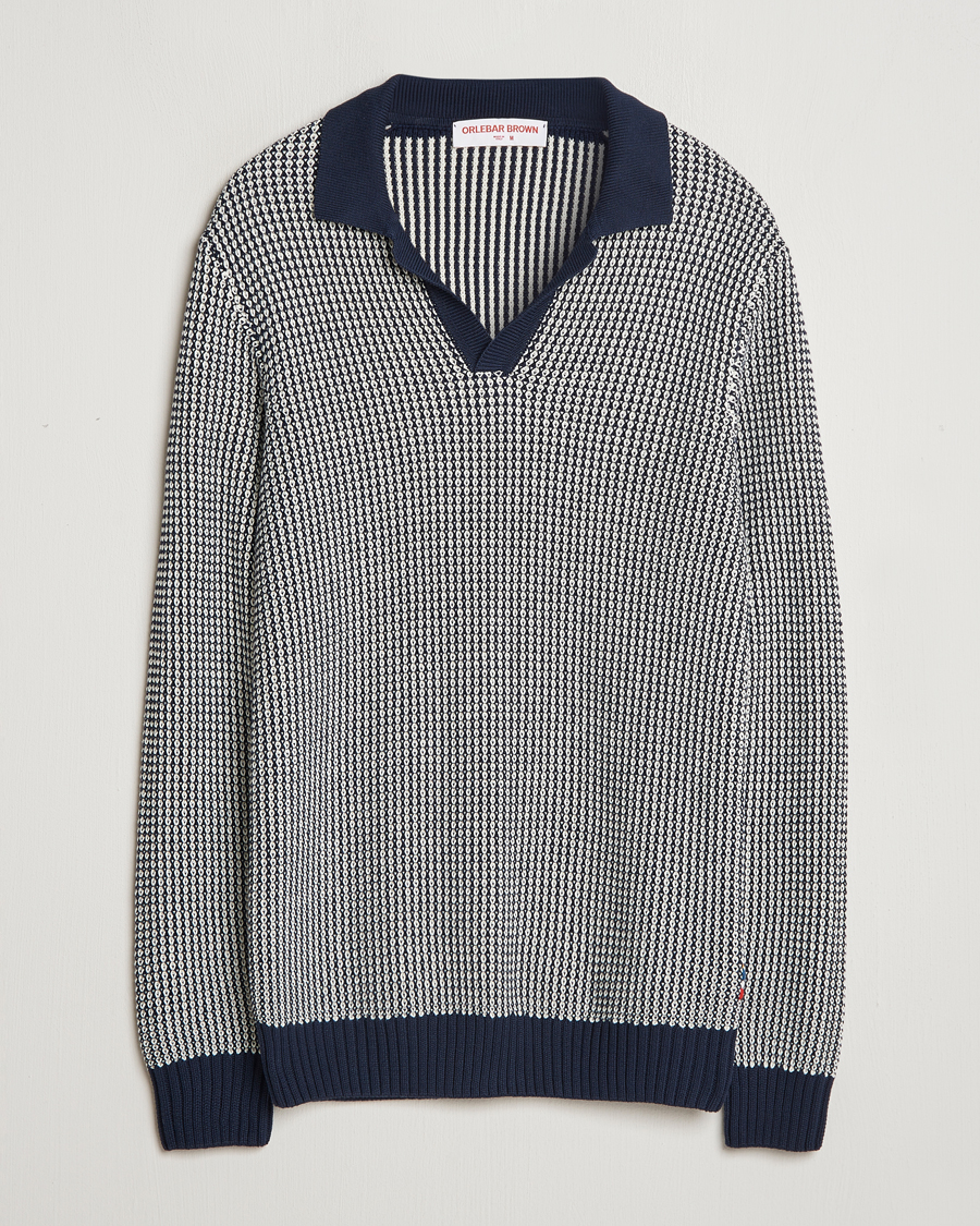 Men | Sweaters & Knitwear | Orlebar Brown | Horton Long Sleeve Knited Poloshirt Night Iris/White