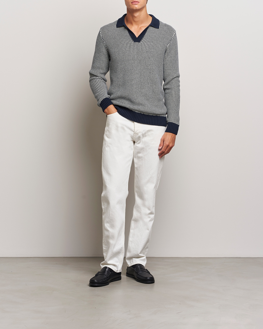 Men | Sweaters & Knitwear | Orlebar Brown | Horton Long Sleeve Knited Poloshirt Night Iris/White