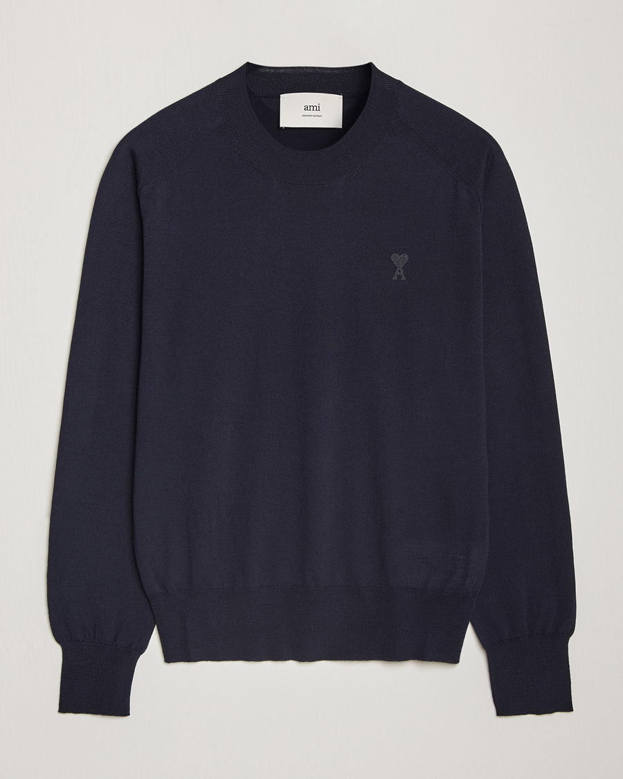 Men | Sweaters & Knitwear | AMI | Tonal Heart Logo Wool Crew Neck Navy