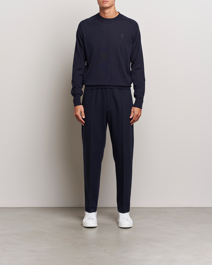 Men | Sweaters & Knitwear | AMI | Tonal Heart Logo Wool Crew Neck Navy