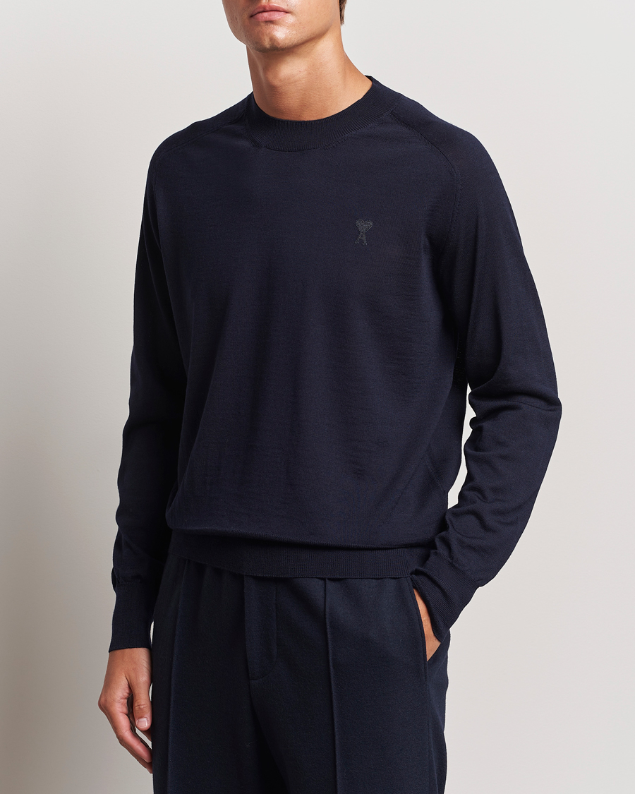 Men | Sweaters & Knitwear | AMI | Tonal Heart Logo Wool Crew Neck Navy