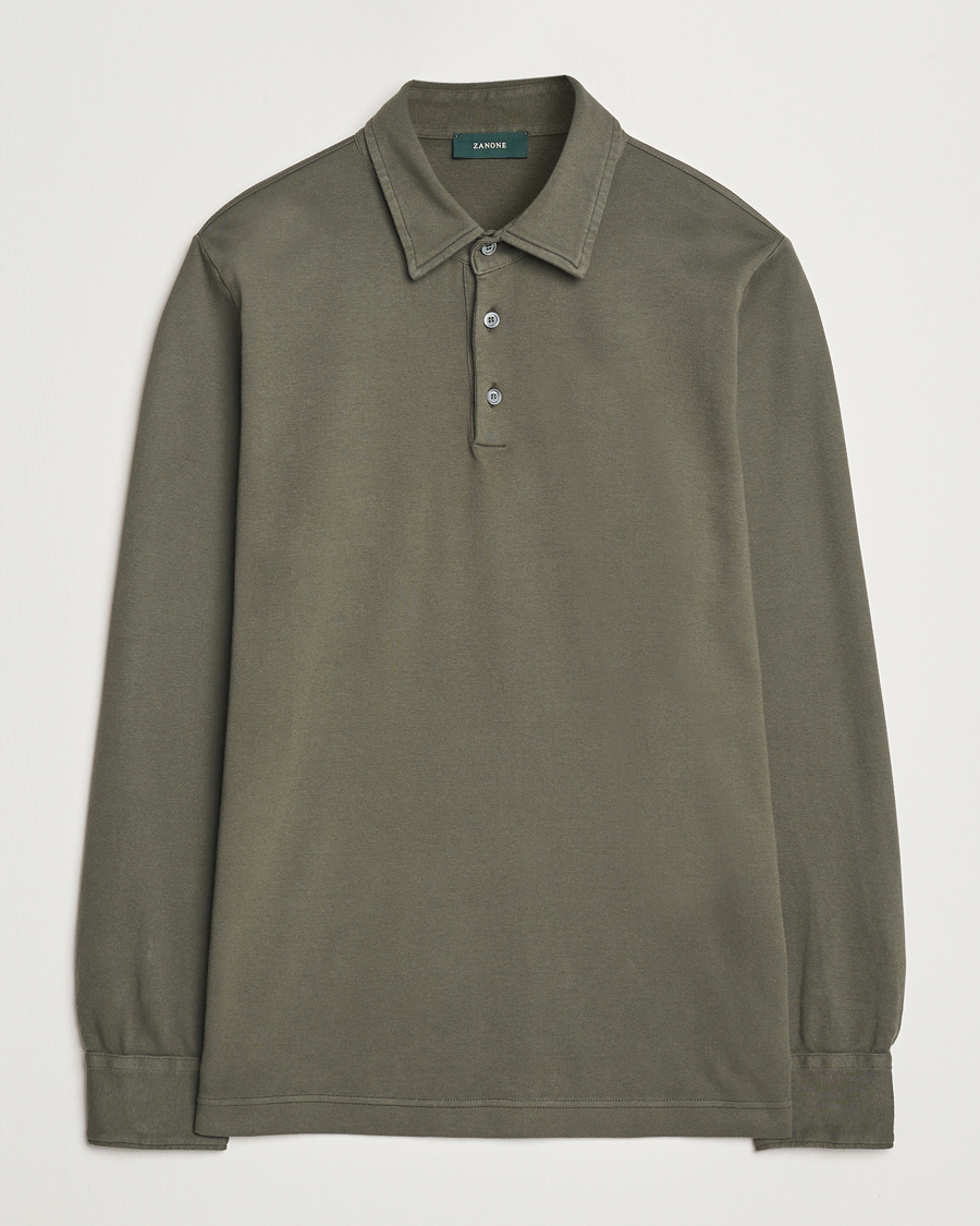 Men | Sweaters & Knitwear | Zanone | Heavy Jersey Long Sleeve Polo Olive