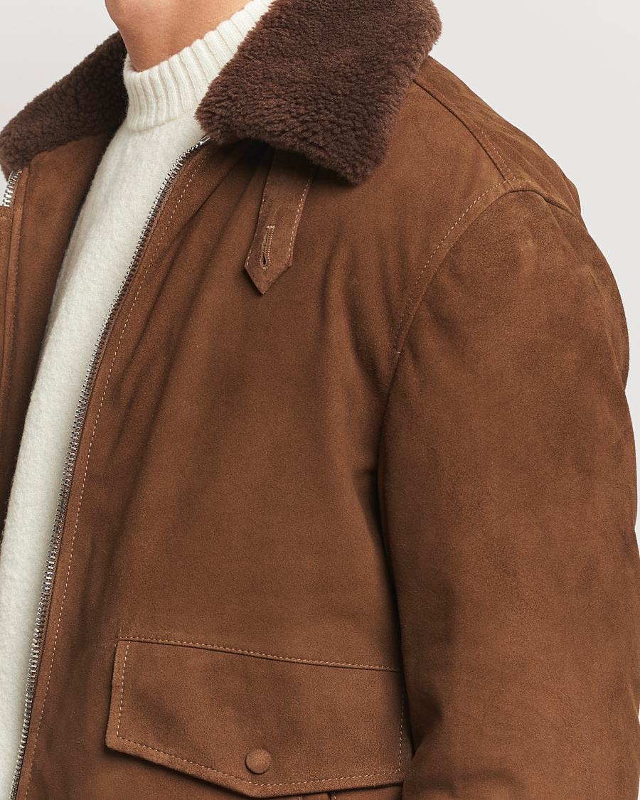 Men | Coats & Jackets | Valstar | Goose Down Shearling Flight Jacket Brown Suede