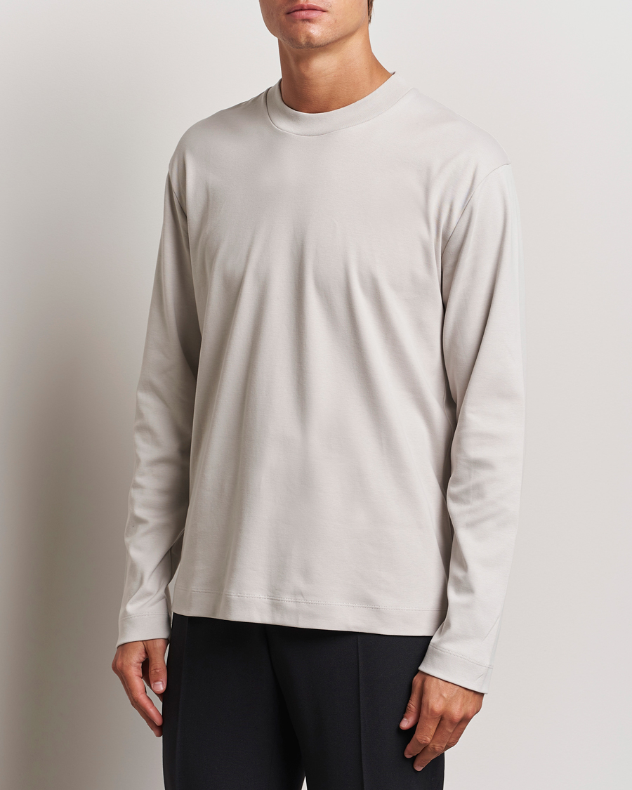 Men | T-Shirts | Sunspel | Heavyweight Mock Neck Long Sleeve T-Shirt Putty