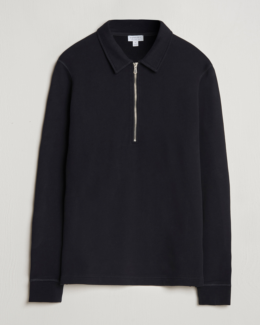 Men | Sweaters & Knitwear | Sunspel | Zip Loopback Sweatshirt Polo Black