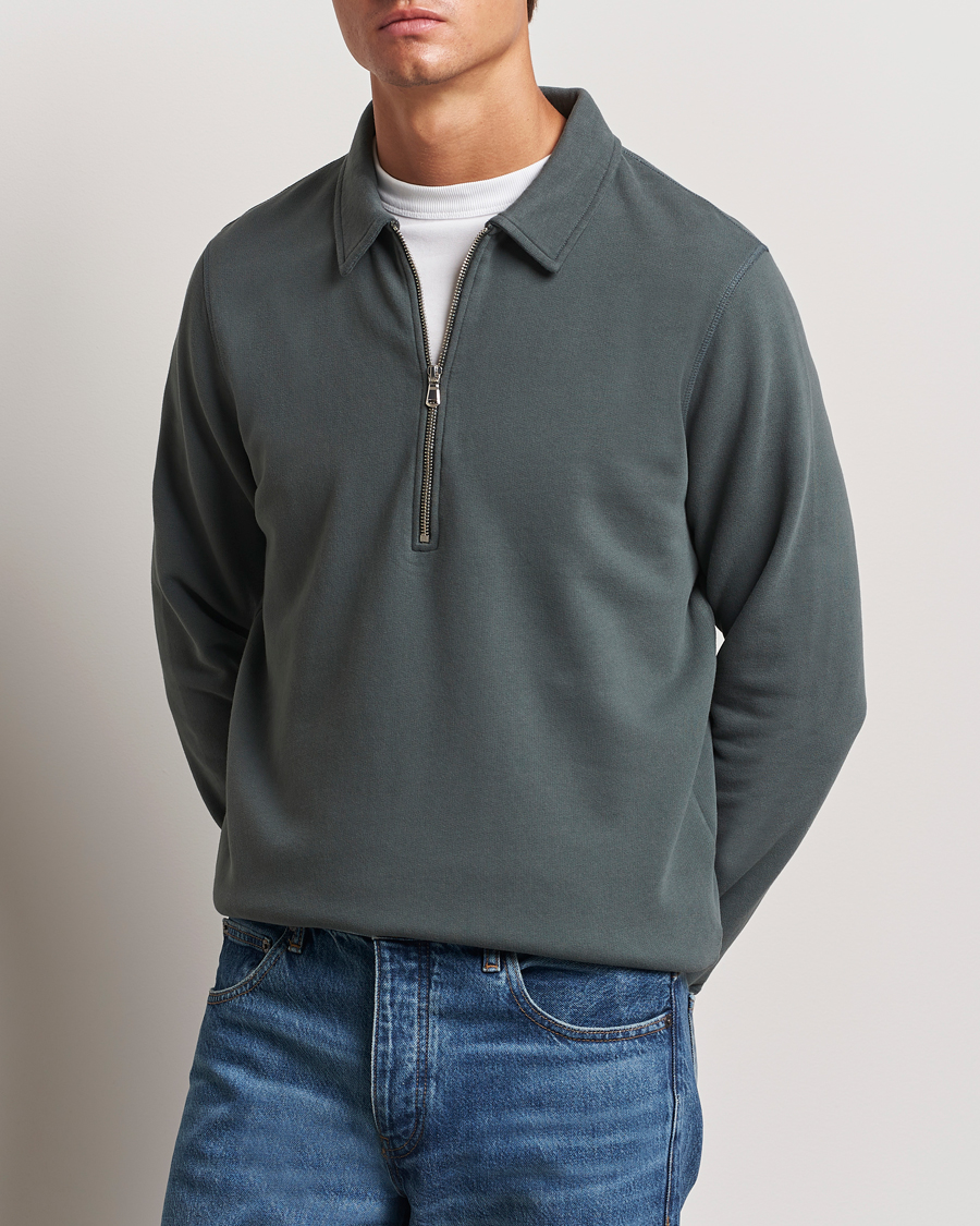 Men | Sweaters & Knitwear | Sunspel | Zip Loopback Sweatshirt Polo Drill Green