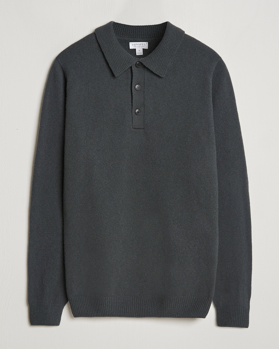 Men | Sweaters & Knitwear | Sunspel | Lambswool Poloshirt Drill Green