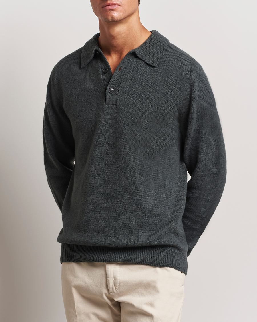 Men | Sweaters & Knitwear | Sunspel | Lambswool Poloshirt Drill Green