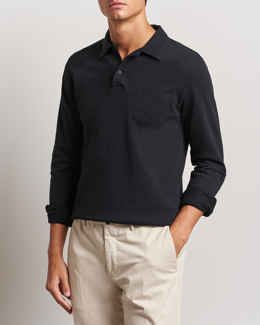 Men | Sweaters & Knitwear | Sunspel | Riviera Long Sleeve Polo Black