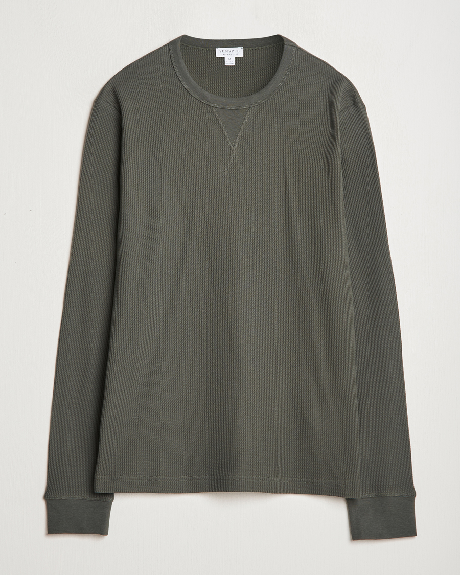 Men | T-Shirts | Sunspel | Long Sleeve Waffle T-Shirt Drill Green