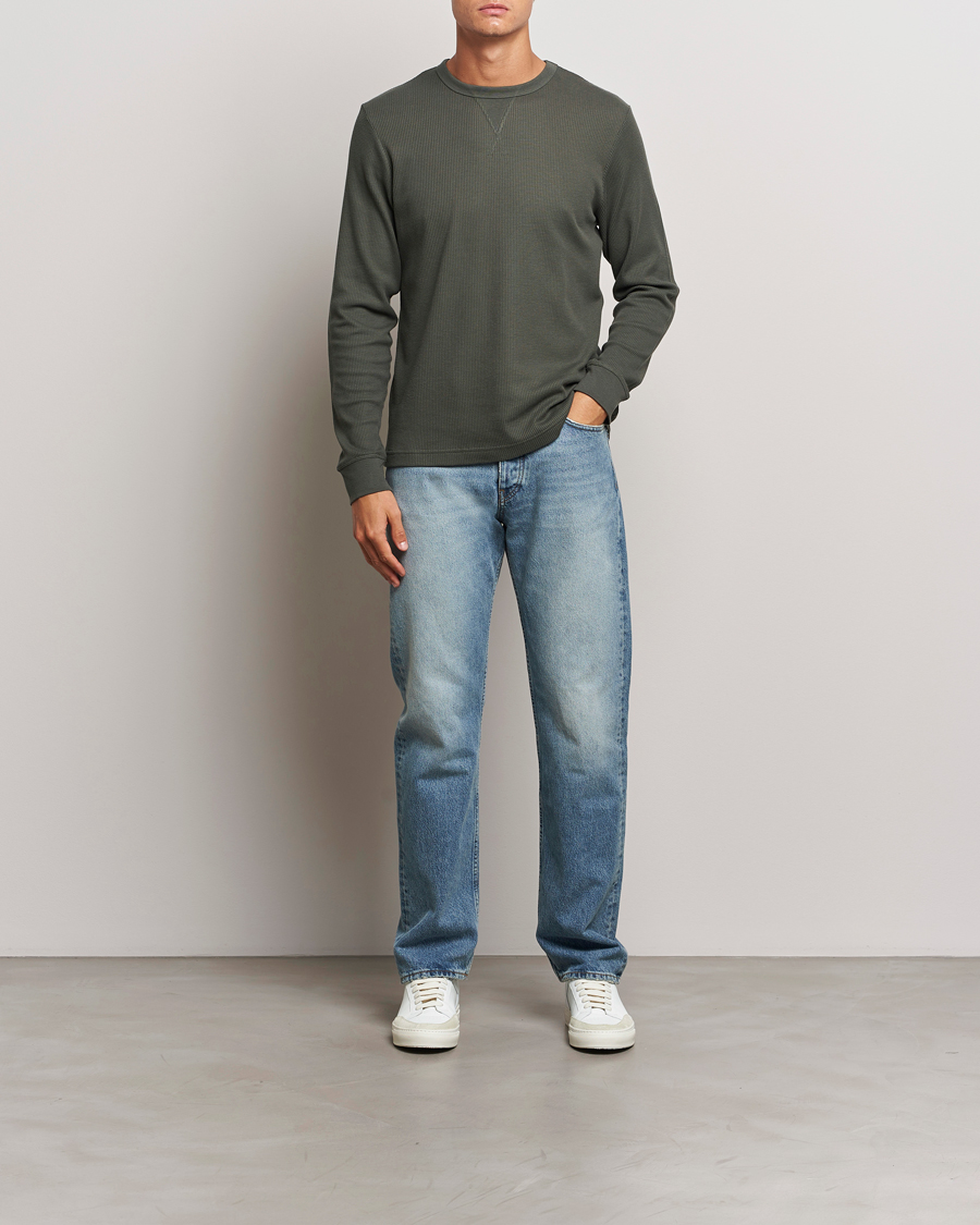Men | T-Shirts | Sunspel | Long Sleeve Waffle T-Shirt Drill Green
