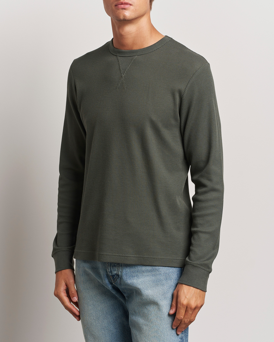 Men | T-Shirts | Sunspel | Long Sleeve Waffle T-Shirt Drill Green