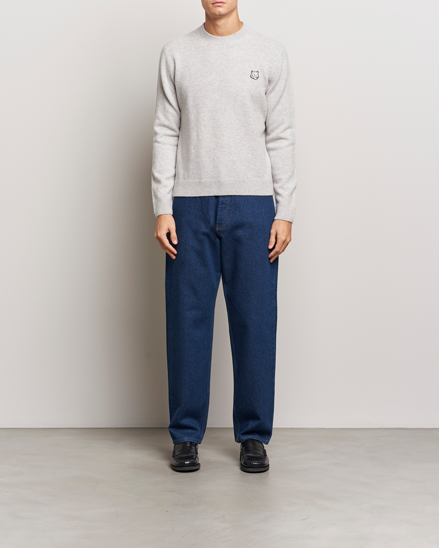 Men | Sweaters & Knitwear | Maison Kitsuné | Bold Fox Lambswool Crew Neck Light Grey Melange