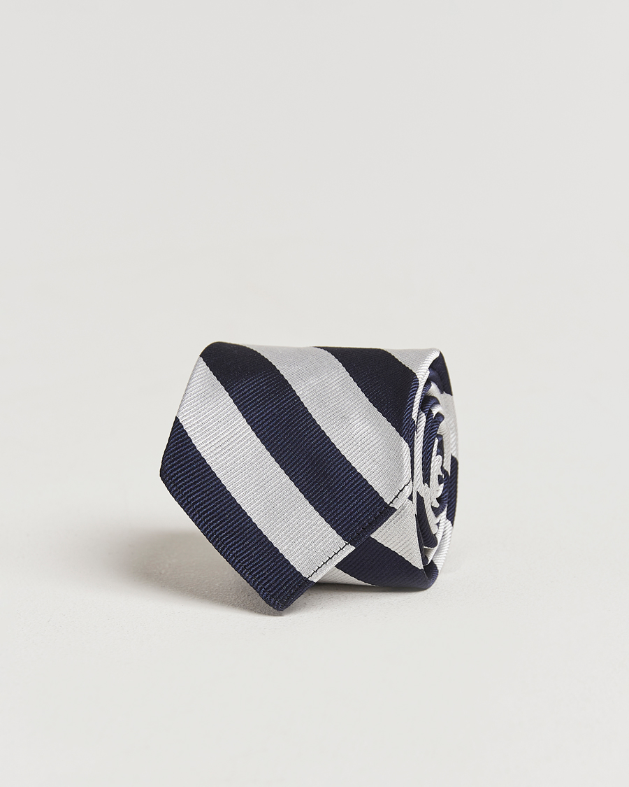 Men | Ties | Kamakura Shirts | Vintage Ivy Regimental Stripe Silk Tie Navy/Silver