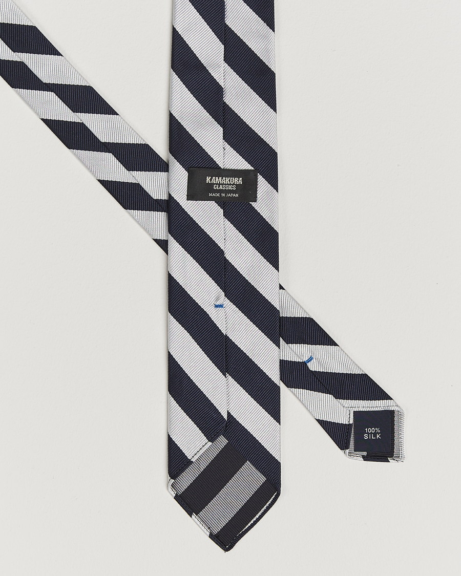 Men | Ties | Kamakura Shirts | Vintage Ivy Regimental Stripe Silk Tie Navy/Silver