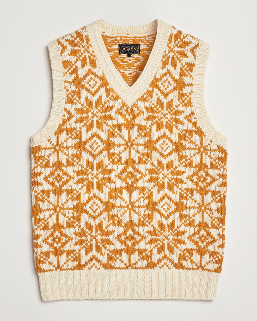 Men | Sweaters & Knitwear | BEAMS PLUS | Snow Pattern Knit Vest Gold