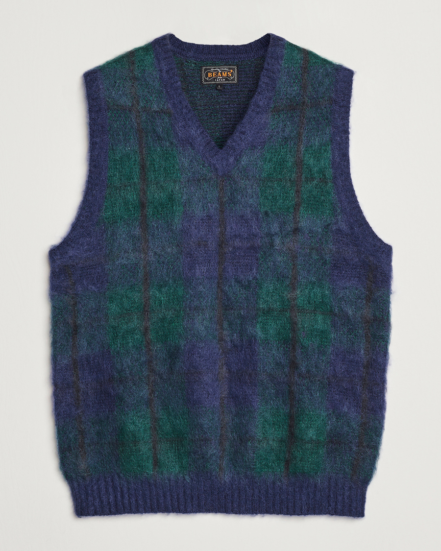 Men | Sweaters & Knitwear | BEAMS PLUS | Mohair Check Vest Navy