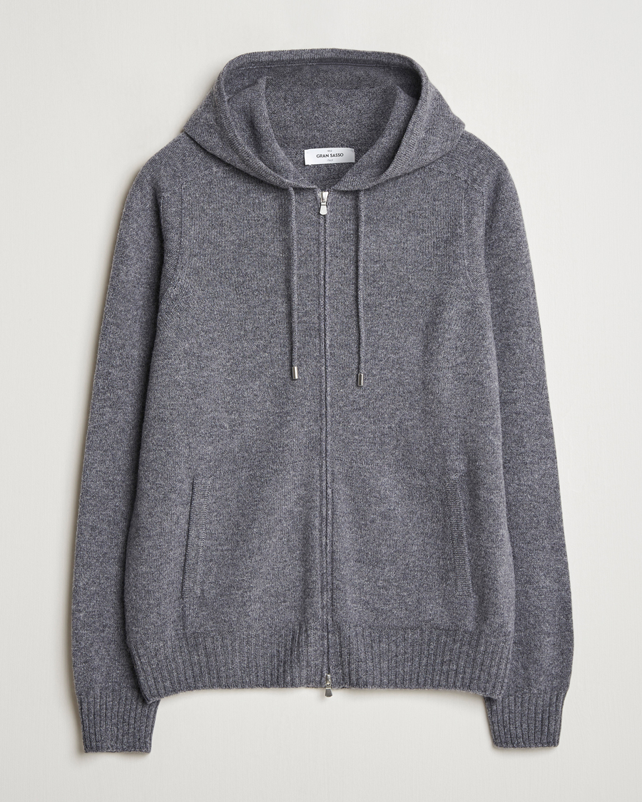 Men | Sweaters & Knitwear | Gran Sasso | Full Zip Wool Hoodie Grey Melange