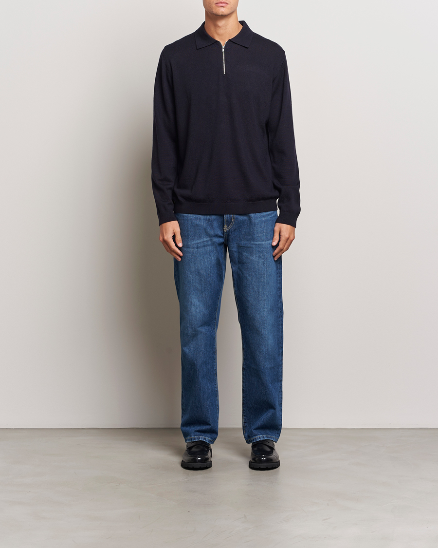 Men | Sweaters & Knitwear | A Day's March | Thompson Merino Half-Zip Polo Navy