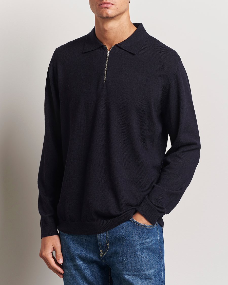 Men | Sweaters & Knitwear | A Day's March | Thompson Merino Half-Zip Polo Navy
