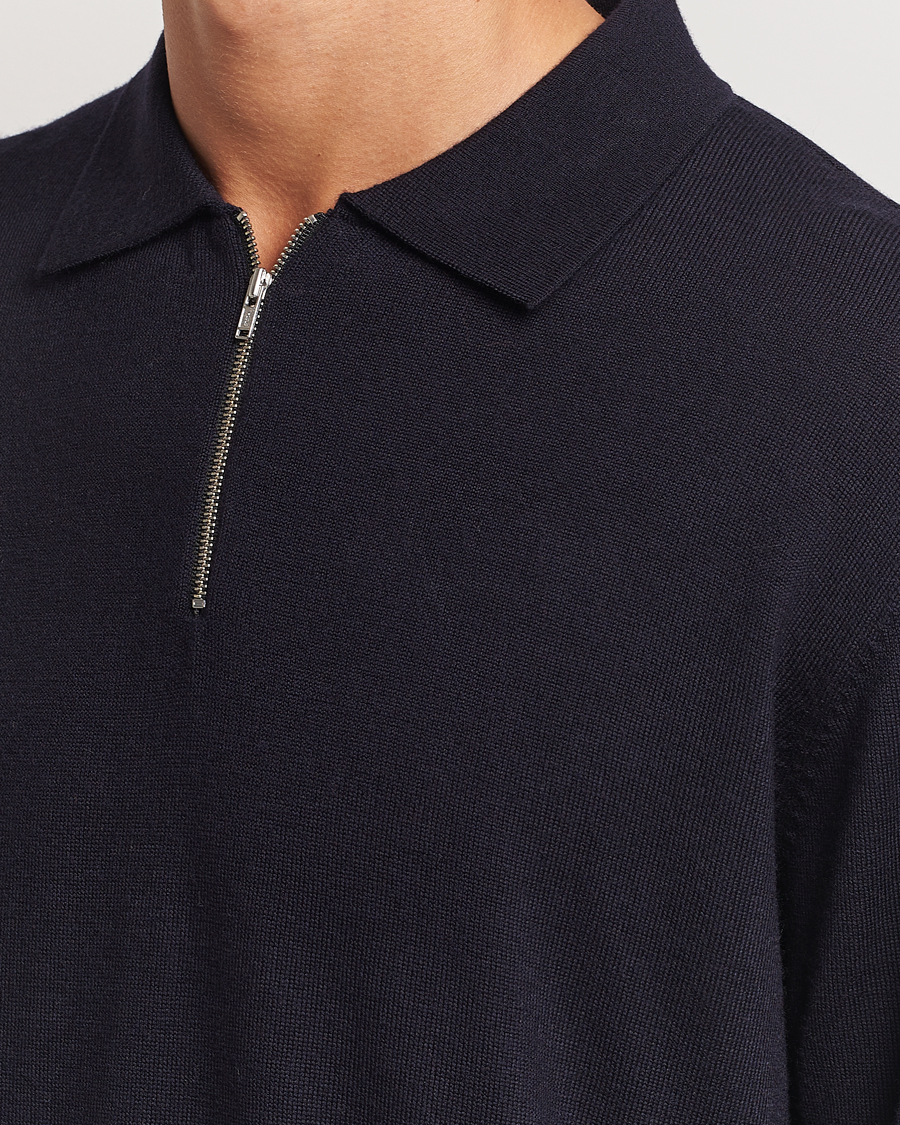 Men | Sweaters & Knitwear | A Day's March | Thompson Merino Half-Zip Polo Navy