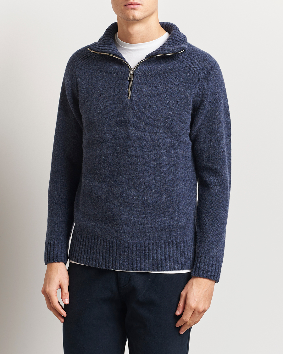 Men | Sweaters & Knitwear | A Day's March | Cullen Half-Zip Lambswool Sweater Navy Melange