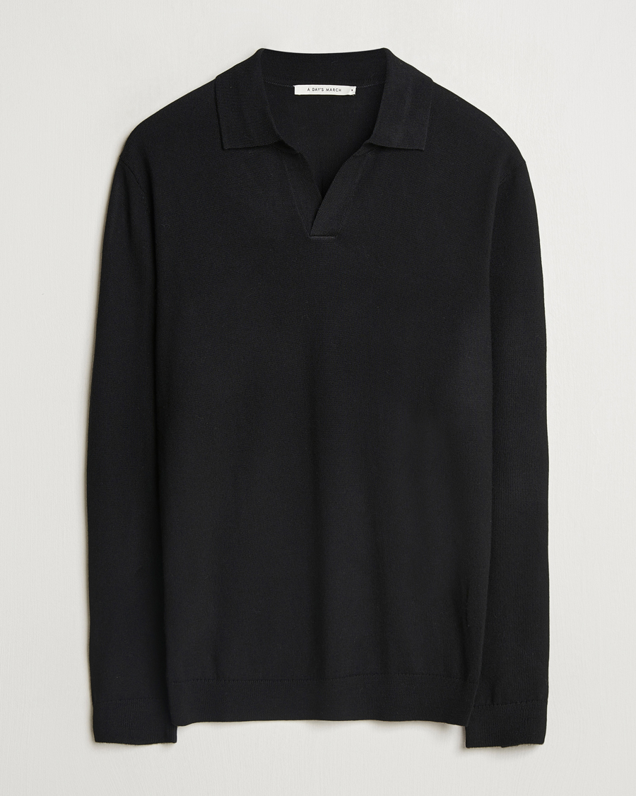Men | Sweaters & Knitwear | A Day's March | Manol Open Collar Merino Polo Black