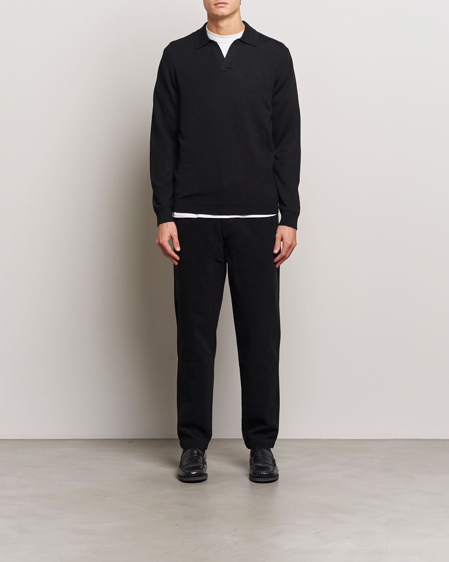 Men | Sweaters & Knitwear | A Day's March | Manol Open Collar Merino Polo Black